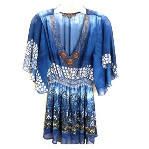 🧿Mushkaby Blue Beaded Boho Sheer Tunic Blouse